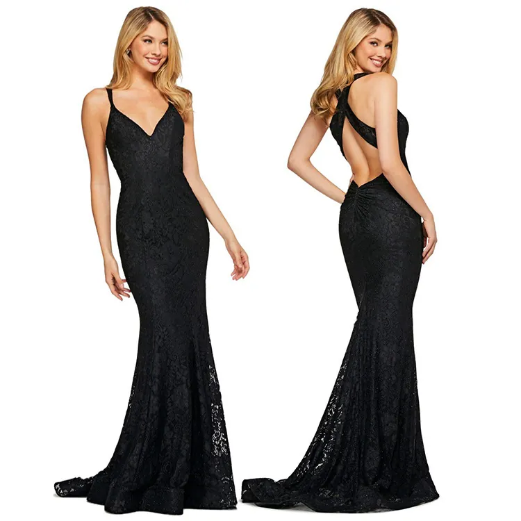 Women's Elegant Black Lace Mermaid Evening Gown V-Neck Backless Crisscross Straps Slim Fit Wedding Banquet Maxi Dress