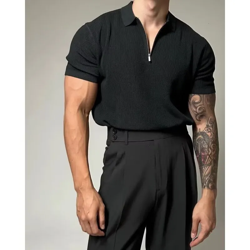 Men's Knitted Polo Shirt Quarter Zip Slim Fit Short Sleeve Minimalist Summer Casual Vertical Ribbed Texture Urban Fashion Top