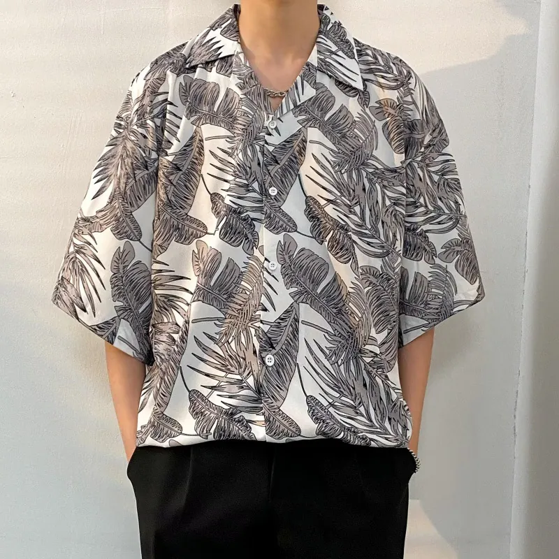 Men Summer Hawaiian Oversized Short Sleeve Shirt Tropical Leaf Print Cuban Collar Casual Holiday Beach Button Down Top