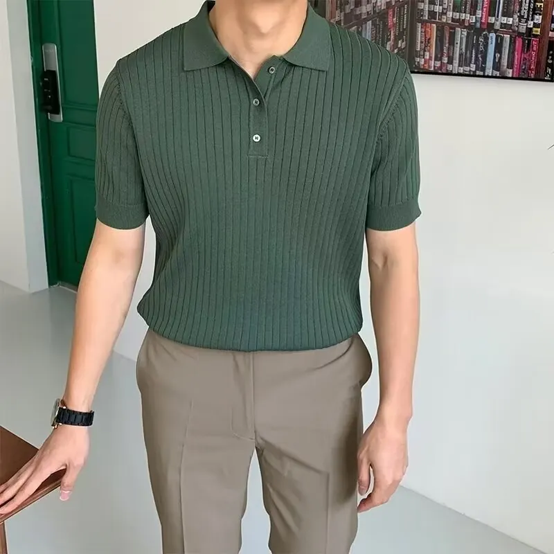 Herren Slim Fit Strick Polo Shirt Kurzarm Eisseide Gerippt Revers Casual T-Shirt Sommer Einfarbig Urban Mode Top