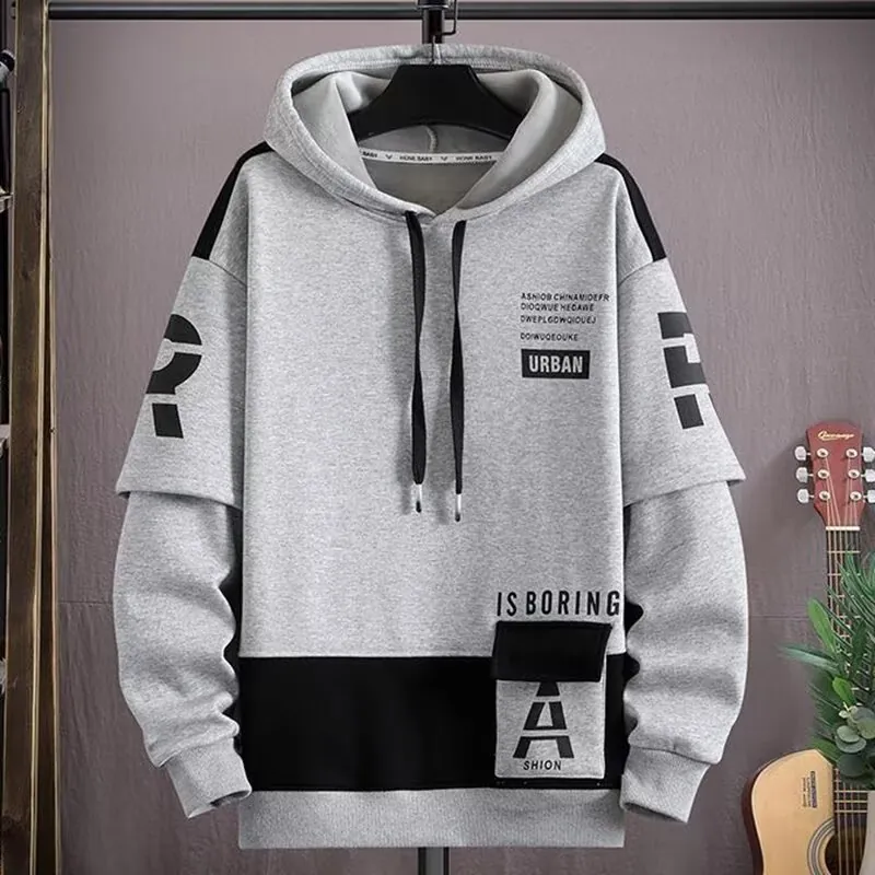 Sweat à Capuche Homme Rétro Américain Ample Streetwear Imprimé Lettres Bloc de Couleur Faux Deux Pièces Pull-over Avec Poche