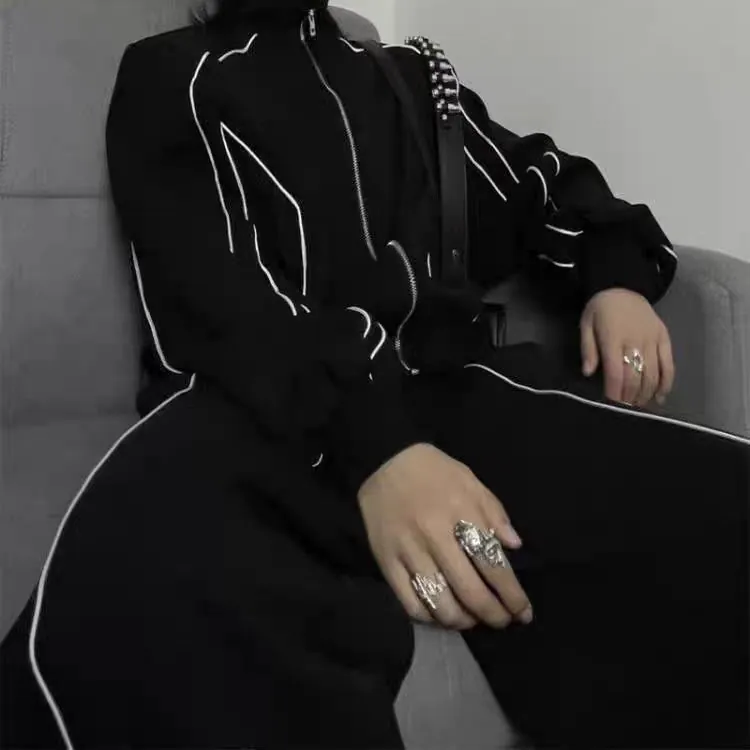 Veste de Sport Décontractée Pour Hommes Tendance Coréenne Et Pantalon Avec Passepoil Contrasté Survêtement à Fermeture Éclair Col Montant