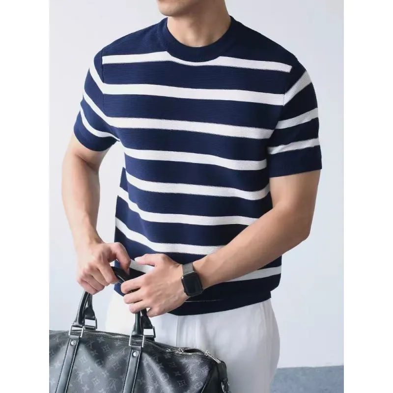 Herren Gestreiftes Kurzarm Strick T-Shirt Eisseide Atmungsaktiv Rundhals Lockerer Schnitt Sommer Casual Mode Top
