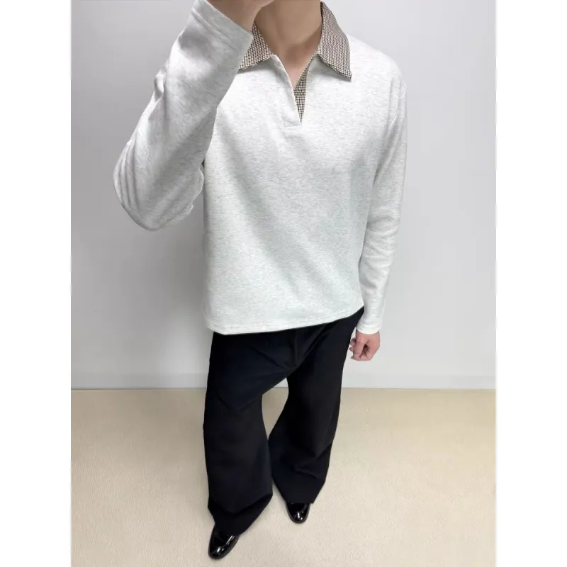 Polo a Manica Lunga da Uomo Colletto Patchwork a Quadri Moda Casual Traspirante Vintage Streetwear Stile City Boy Uomo