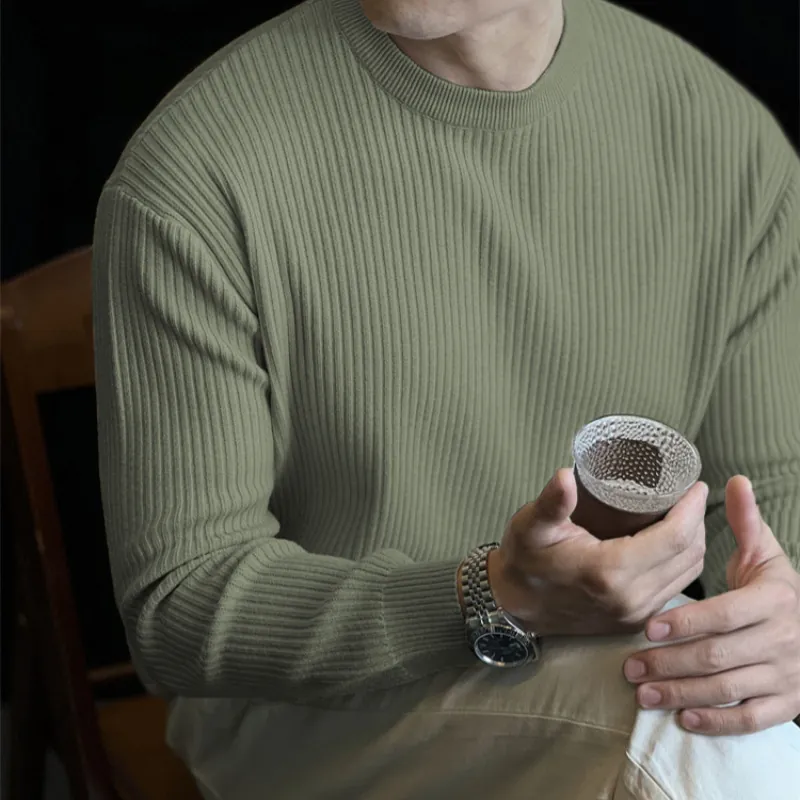 Men's American Vintage Ribbed Knit Sweater Vertical Stripe Crewneck Loose Pullover Casual Long Sleeve Base Shirt Top