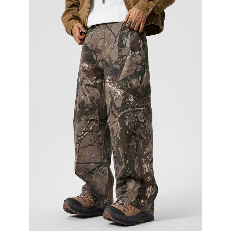Pantaloni Cargo Mimetici Men's American Streetwear Vestibilità Ampia Multi Tasca Dritti Casual Outdoor in Misto Cotone