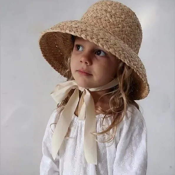Raffia Straw Sun Hat For Kids And Women Ribbon Bow Decor Flat Top Wide Brim Breathable Summer Beach Travel Boater Hat