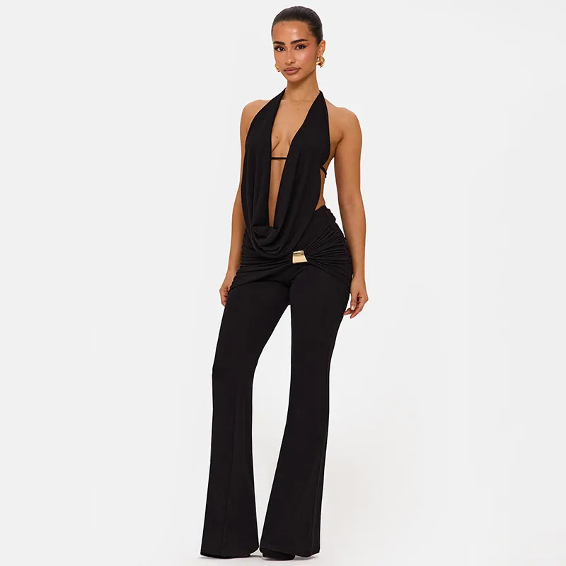 Damen Neckholder Rückenfrei Deep V Top Und Schlaghose Outfits Mit Metallschnalle Sexy Night Out Club Party Mode Kleidung
