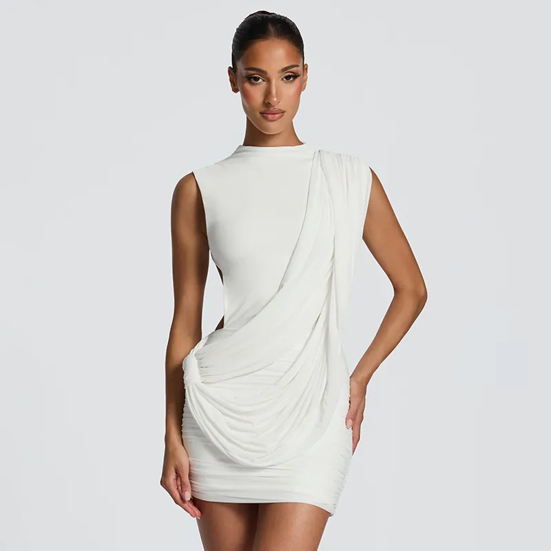 Women Sexy Sleeveless Ruched Mini Dress Draped Cut Out Backless Slim Fit Elegant Party Summer Bodycon Dress