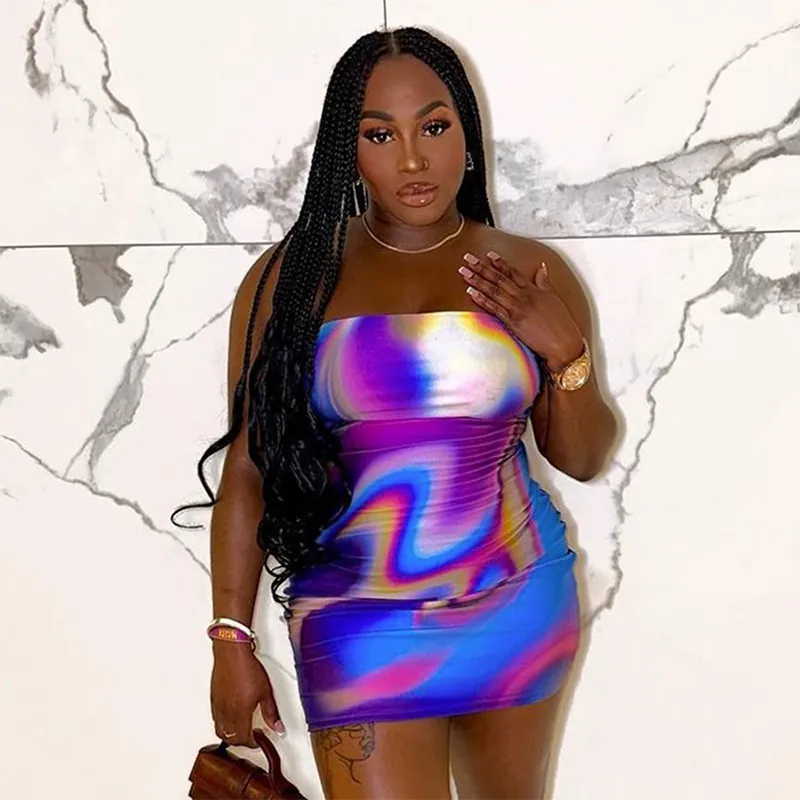 Dames Sexy Strapless Mini Jurk Kleurrijke Marmerprint Bodycon Tube Jurk Mouwloos Feest Clubwear Vakantie Zomerjurk Elastisch