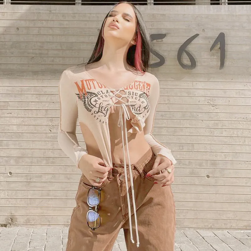 Top Corto con Lacci e Scollo a V Sexy da Donna Maglietta in Mesh a Maniche Lunghe con Stampa Moto Vintage Streetwear Retro