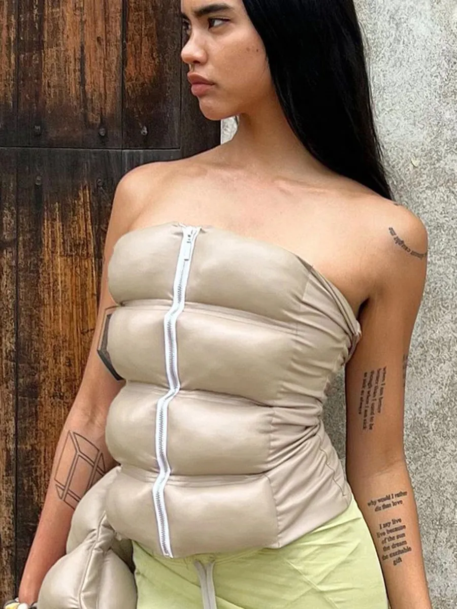 Haut Tube Matelassé Rembourré pour Femme Streetwear Décontracté Gilet Fermeture éclair Avant Look Cuir Synthétique Crop Top