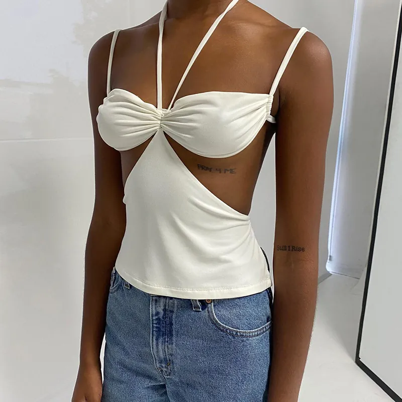 Women Sexy White Halter Cut Out Tank Top Ruched Backless Slim Fit Sleeveless Crop Top Summer Vacation Clubwear