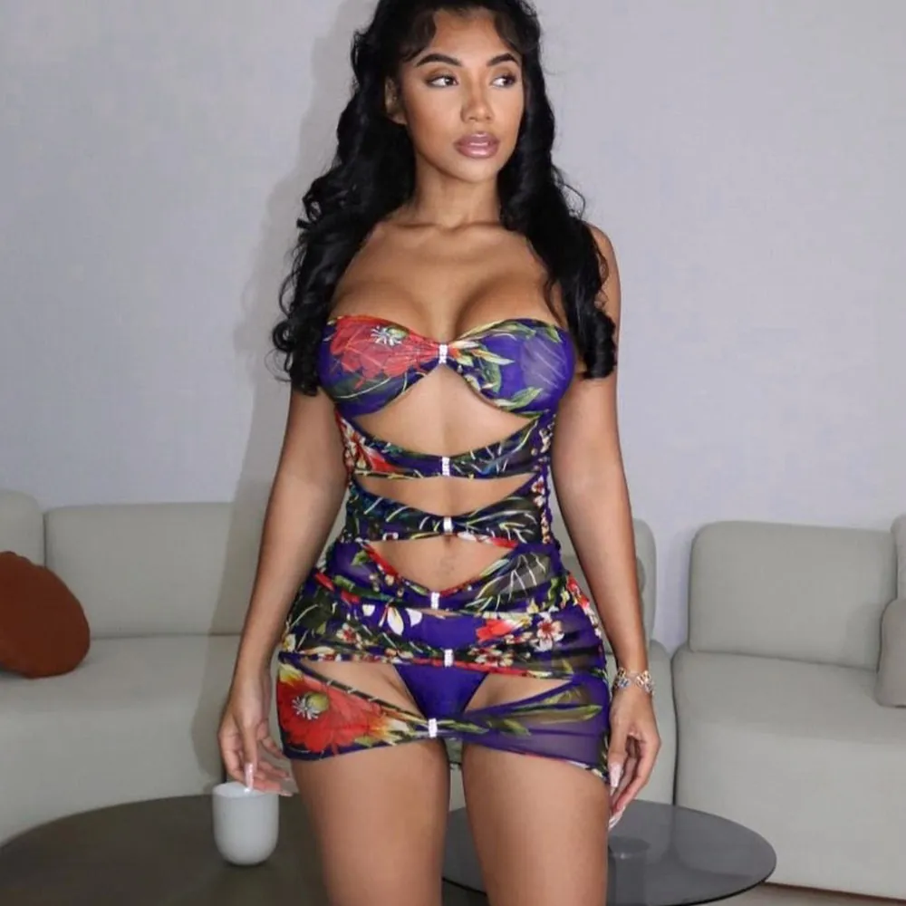 Dames Sexy Bloemenprint Mesh Mini Jurk Mouwloos Cut Out Bodycon Party Clubwear Zomer Vakantie Jurk Strass Gesp
