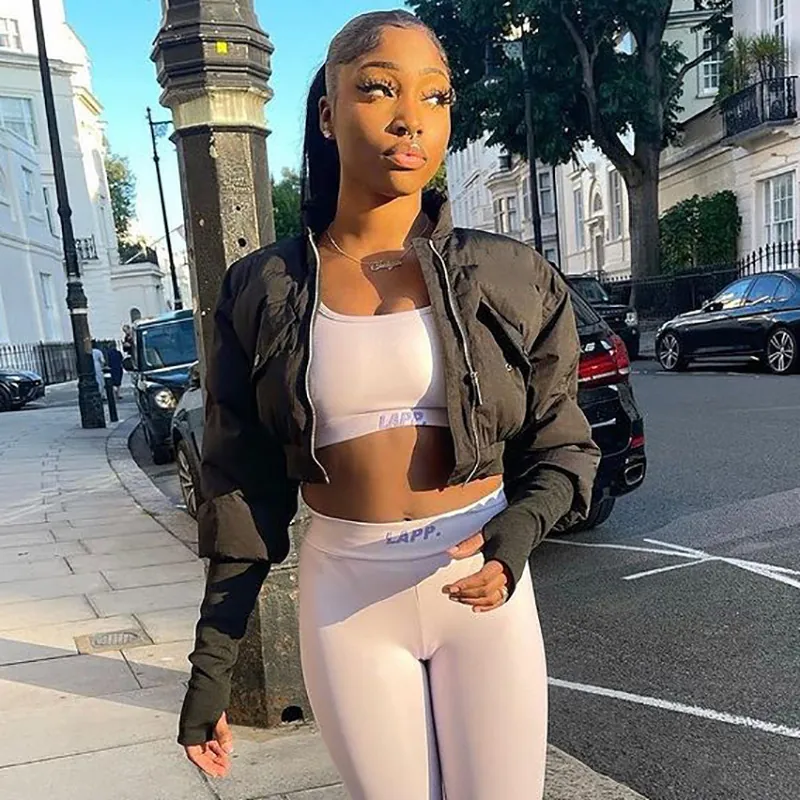 Women Casual Slim Fit Cropped Puffer Jacket Stand Collar Zipper Long Sleeve Ribbed Cuffs Thumbholes Warm Padded Short Coat