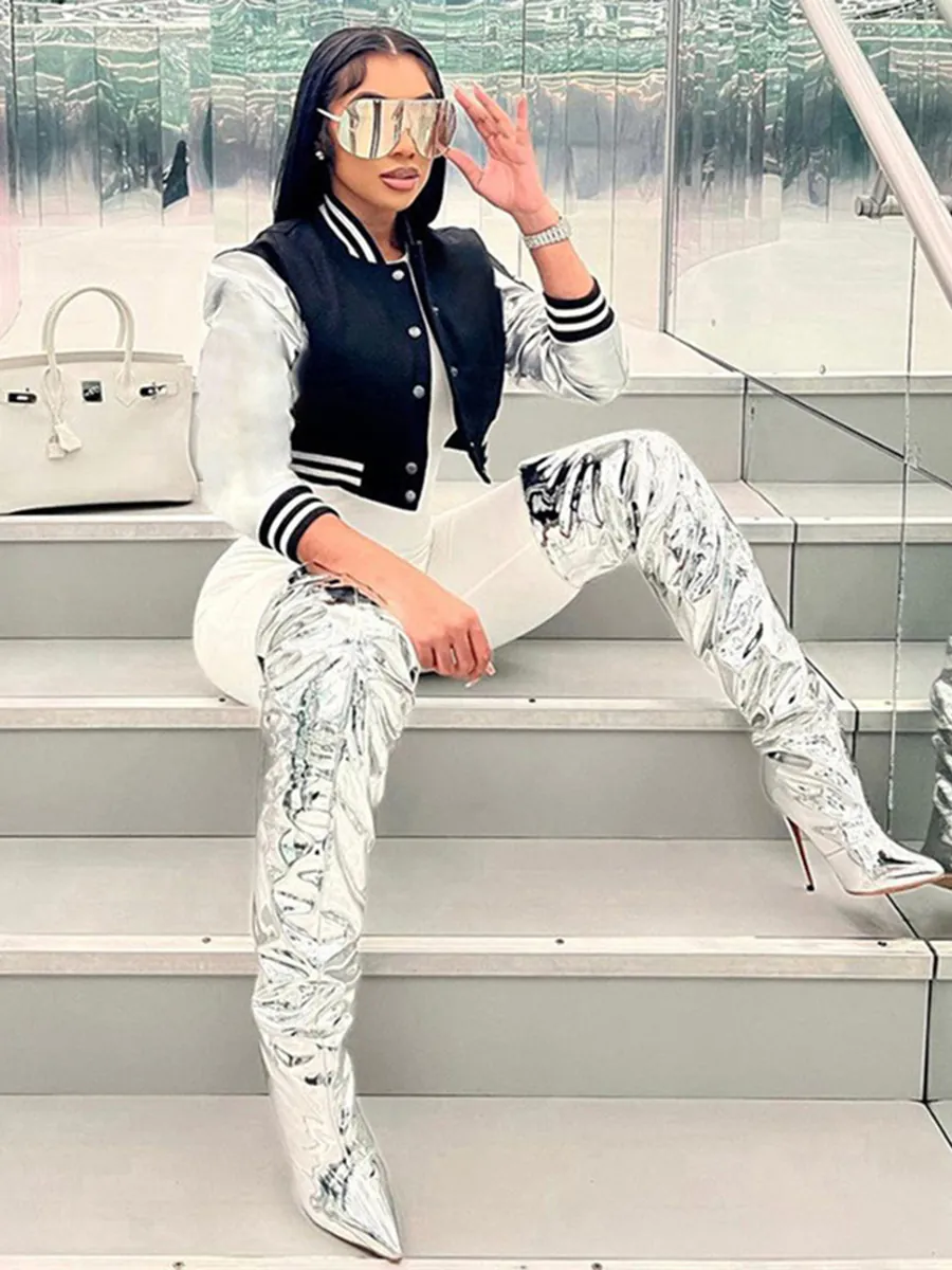 Damen Mode Cropped Varsity-Jacke Metallic Silber Patchwork Ärmel Druckknopf Buchstabendruck Lässig Streetwear Oberbekleidung