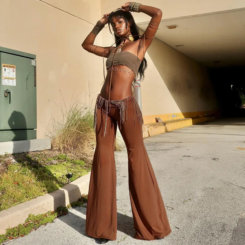 Ropa Casual para Mujer Top de Tubo Marrón y Pantalones de Campana de Cintura Alta Con Flecos de Borla y Cadena de Metal
