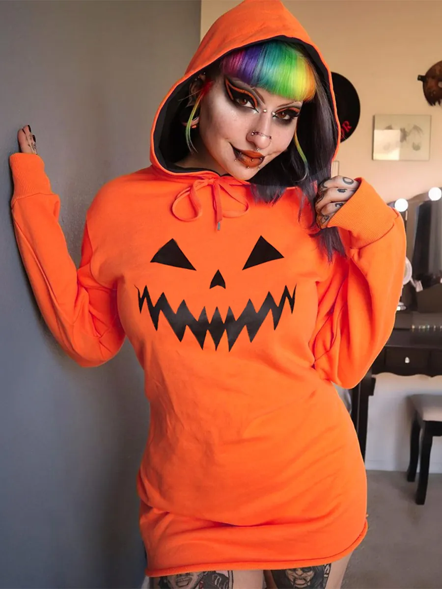 Abito con Cappuccio da Donna Halloween Stampa Zucca Manica Lunga Pullover Arancione Nero Gothic Streetwear Mini Abito