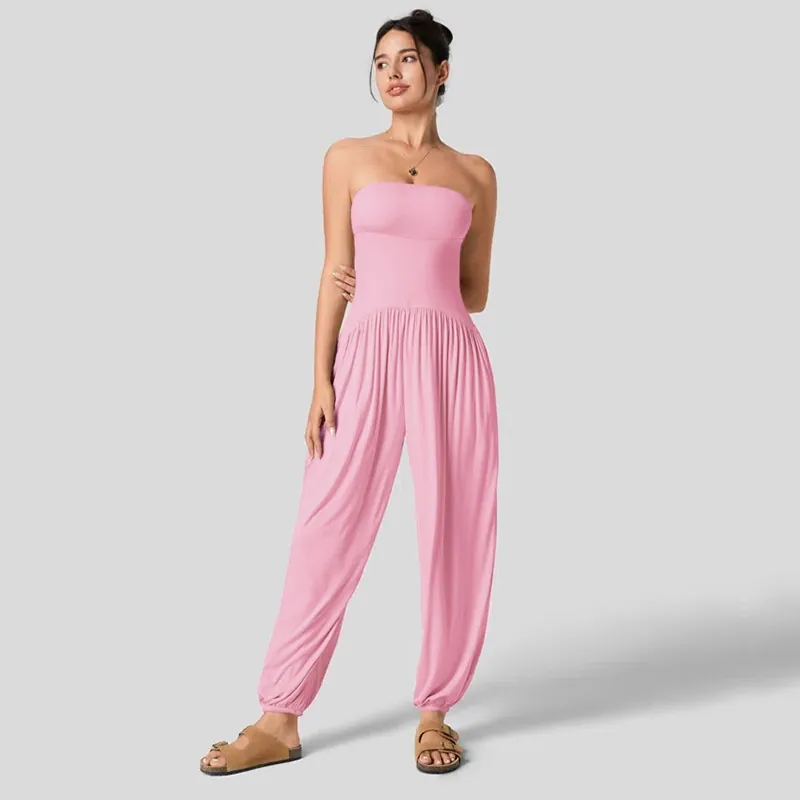 Dames Casual Strapless Jumpsuit Effen Kleur Losse Harembroek Tubetop Zomer Geplooide Taille Jumpsuit Met Zakken