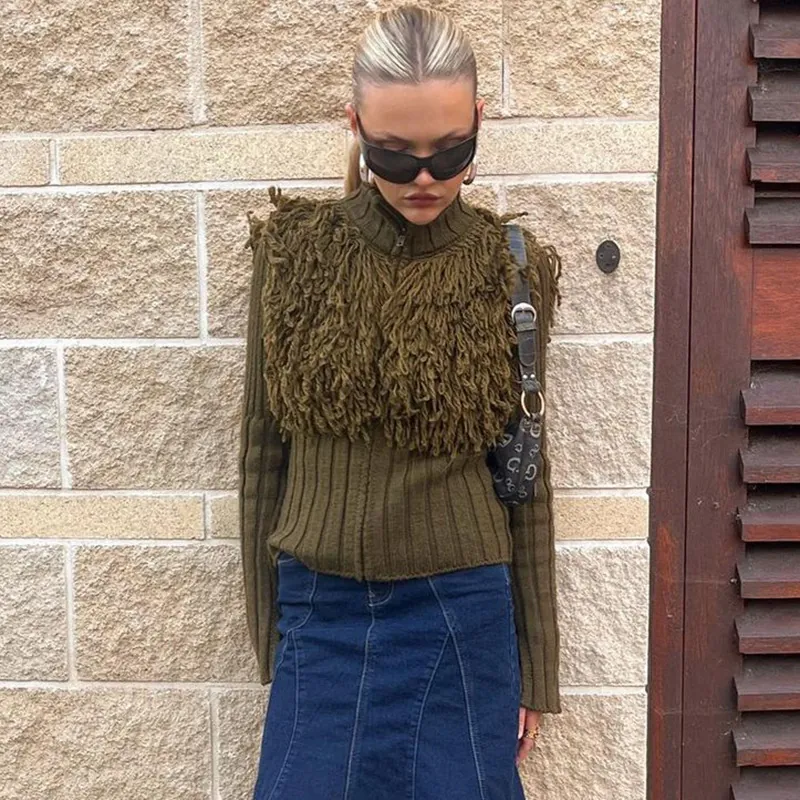 Women Winter Shaggy Tassel Knitted Cardigan Solid Color Long Sleeve Zipper Slim Fit Ribbed Short Sweater Jacket Streetwear Top