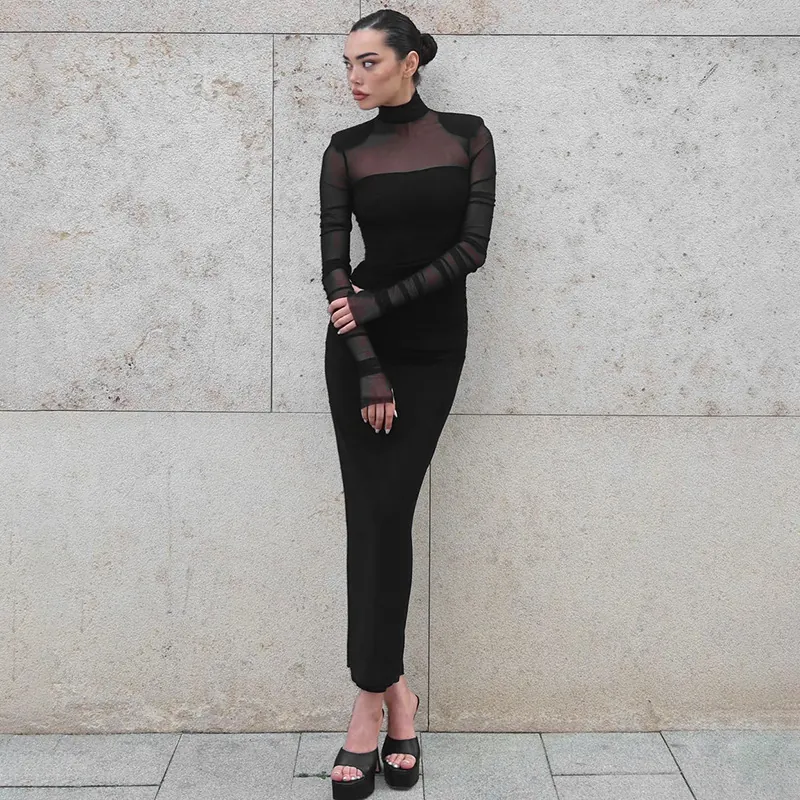 Women Sexy Black Mesh Splicing High Neck Long Sleeve Maxi Dress Slim Fit Ruched Shoulder Pads Bodycon Party Evening Dress