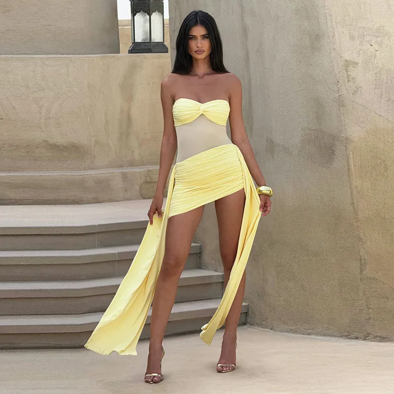 Sexy Mesh Patchwork Tube Top Backless Bodycon Mini Dress For Women Elegant Ruched Side Streamers Sleeveless Party Club Dress