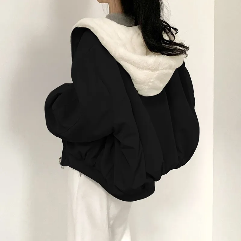 Women Plush Hooded Jacket Casual Solid Color Long Sleeve Zipper Coat Faux Fur Lining Thick Winter Outerwear For Ladies