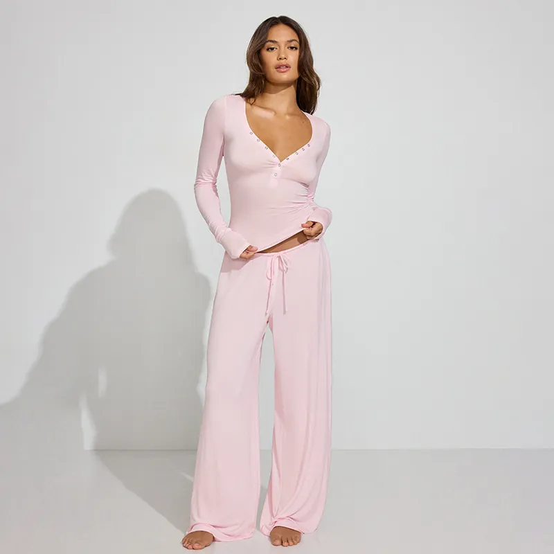 Women Casual Solid Color Long Sleeve Henley Top And Drawstring Wide Leg Pants Loungewear Commuter Polyester Top And Bottom