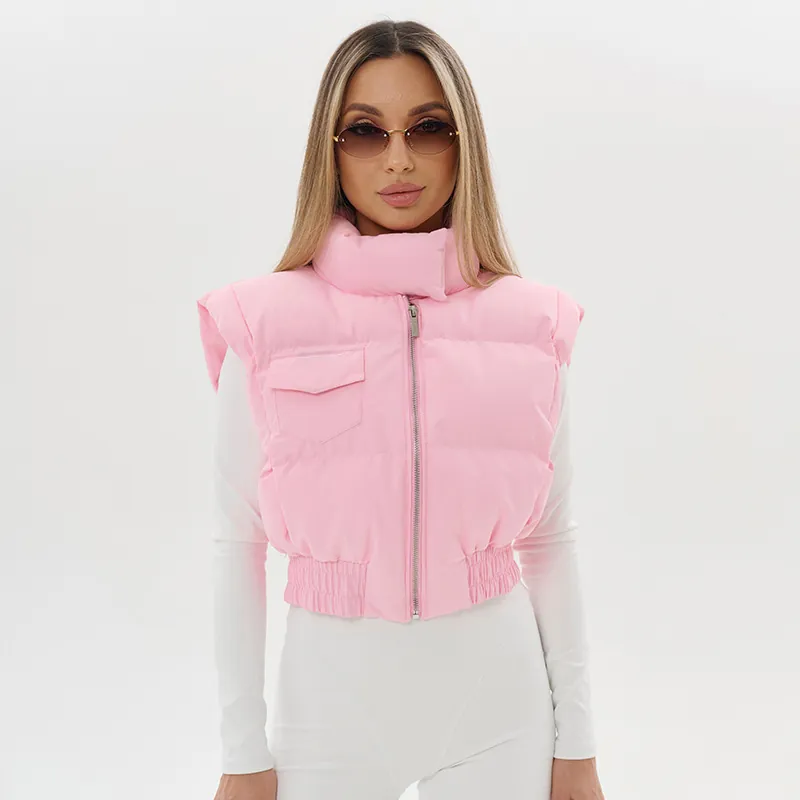 Women Casual Short Padded Vest Stand Collar Zipper Solid Color Sleeveless Quilted Jacket For Autumn Winter