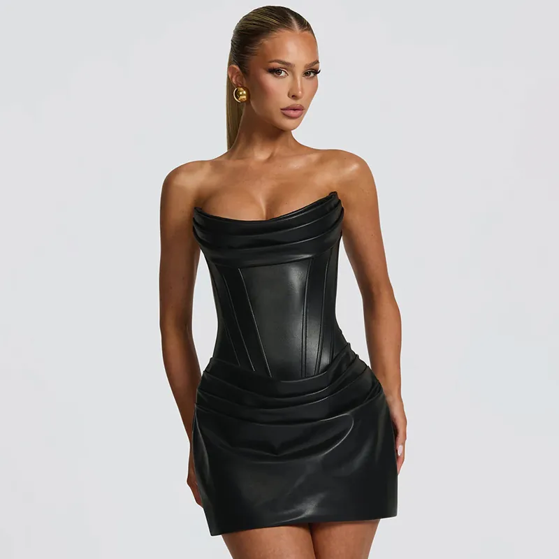 Women Sexy PU Faux Leather Corset Tube Top Mini Dress Solid Color Pleated Bodycon Party Evening Dress with Back Zipper