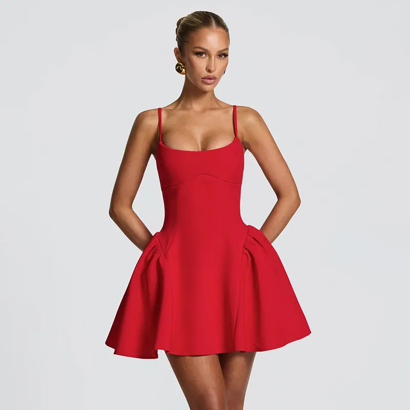 Women Sexy Spaghetti Strap Ruffle Mini Dress Elegant Bodycon A-Line Sleeveless Backless Solid Color Summer Party Clubwear Short Dress