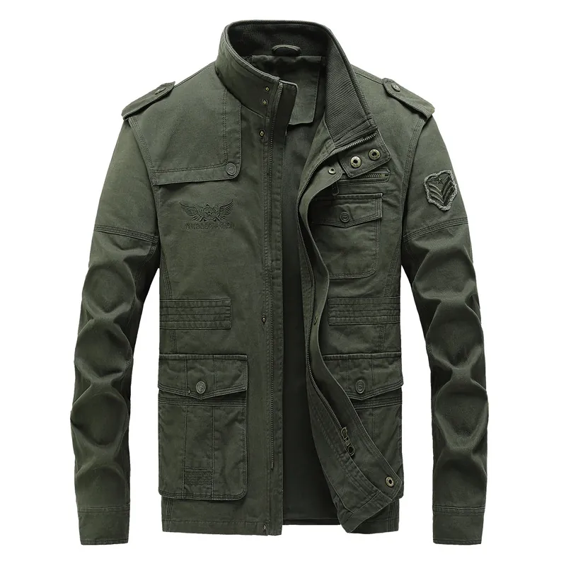 Herren Casual Tactical Cargo Jacke Baumwolle Gewaschen Militärstil Stehkragen Multi Tasche Outerwear Plus Size Mantel