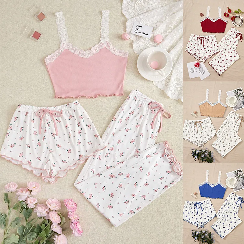 Women's Floral 3-Piece Pajama Set Ribbed Lace Trim Cami Top Shorts and Long Pants Comfortable Sweet Lounge Sleepwear