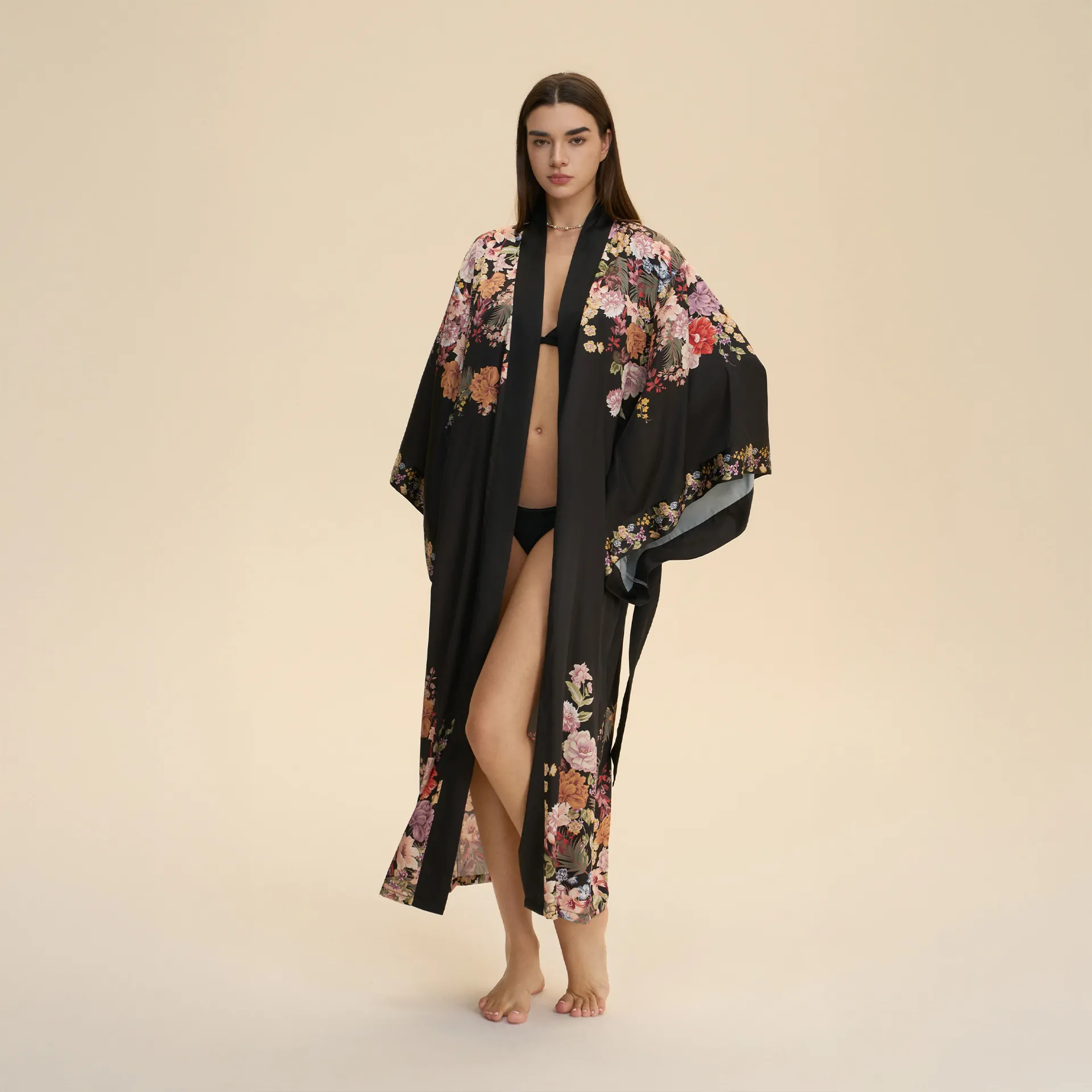 Peignoir Long en Satin de Luxe pour Femmes Imprimé Floral Style Kimono Col en V Manches Longues avec Lien à la Taille