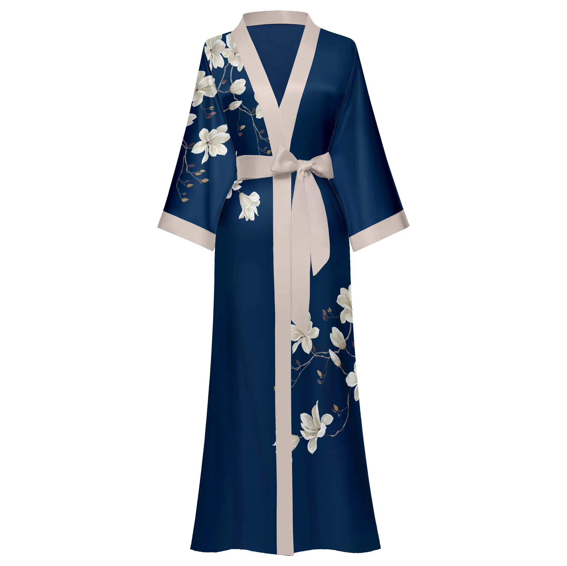 Peignoir Kimono en Satin de Luxe pour Femmes Manches Longues Imprimé Floral Col en V Chemise de Nuit avec Ceinture Élégante Robe de Chambre