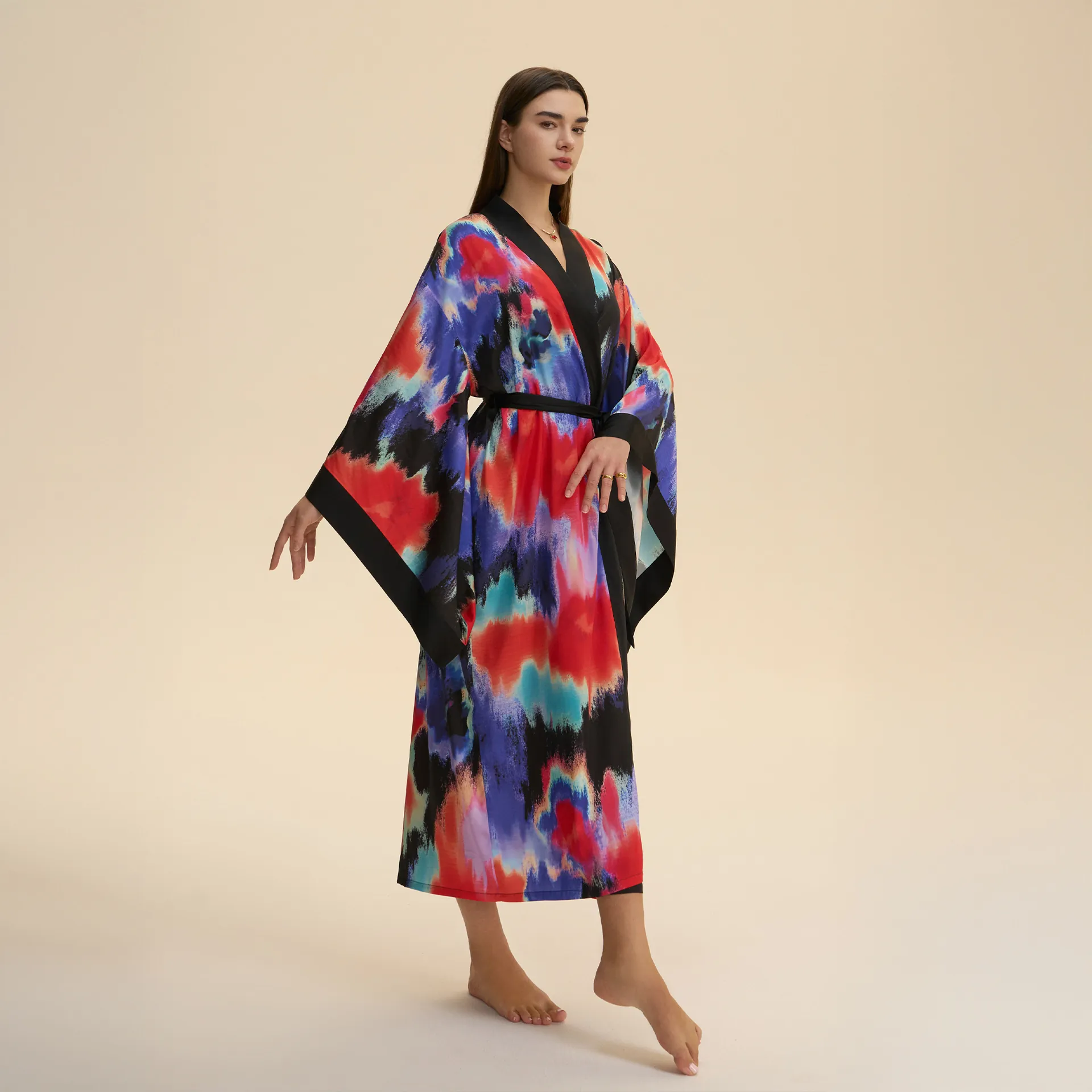 Women Long Satin Kimono Robe Abstract Artistic Print Wide Sleeve Loungewear Bathrobe With Belt For Summer Spa Vacation