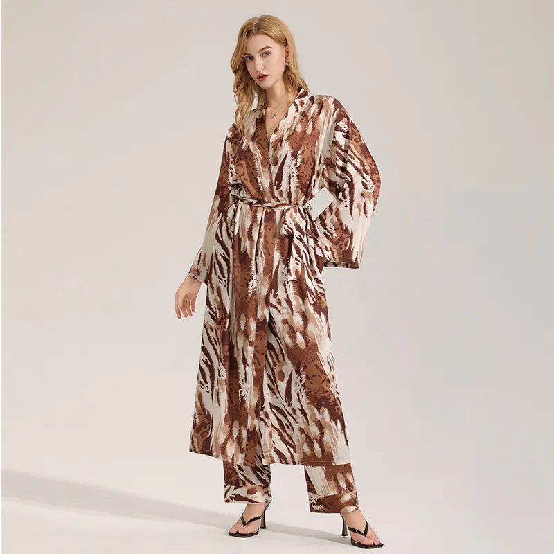 Women Leopard Print Satin Nightgown And Pants Loungewear Luxury Faux Silk Sleepwear Long Sleeve Comfortable Home Wear