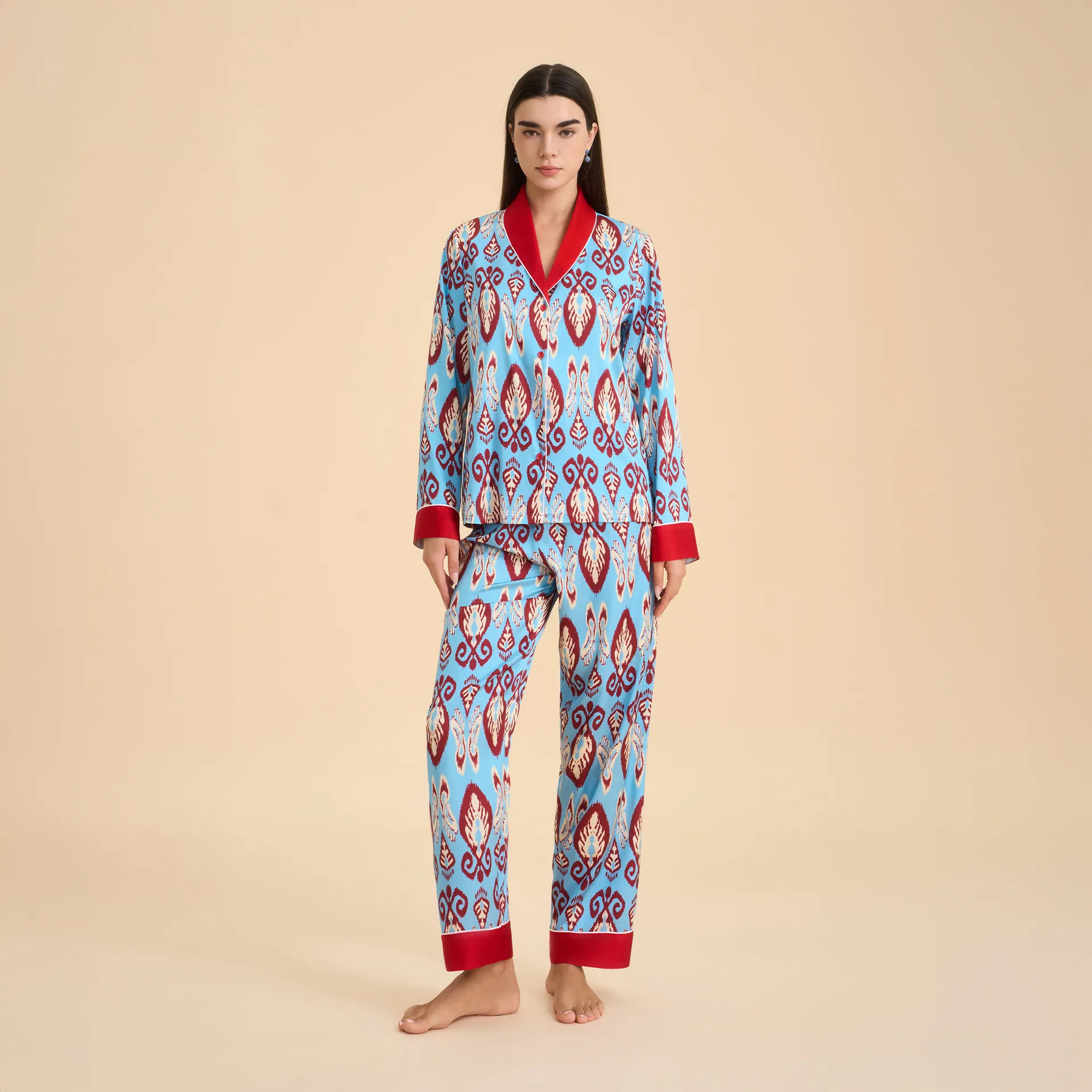Set Pigiama in Satin con Stampa Ikat Etnica da Donna Top E Bottom a Maniche Lunghe Abbigliamento da Notte Confortevole