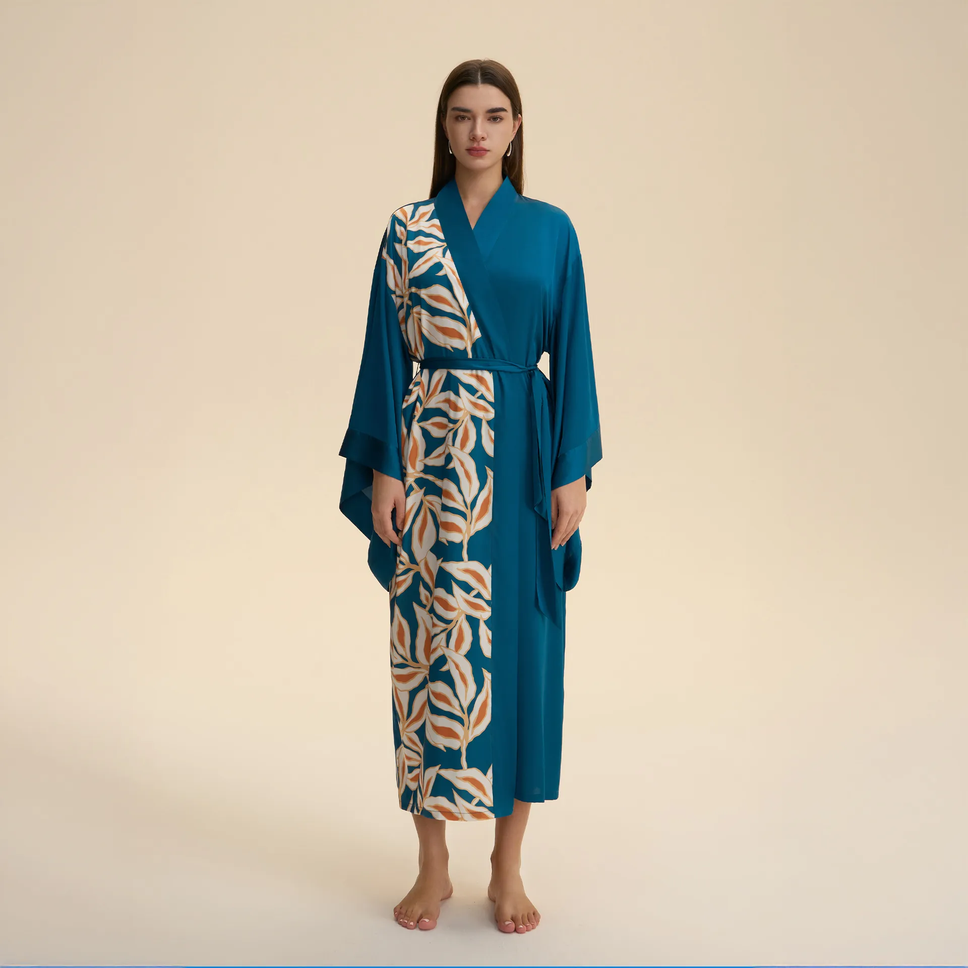 Women Elegant Satin Kimono Robe Long Sleeve Floral Print Asymmetric Patchwork V-Neck Tie-Waist Nightgown Sleepwear For Home