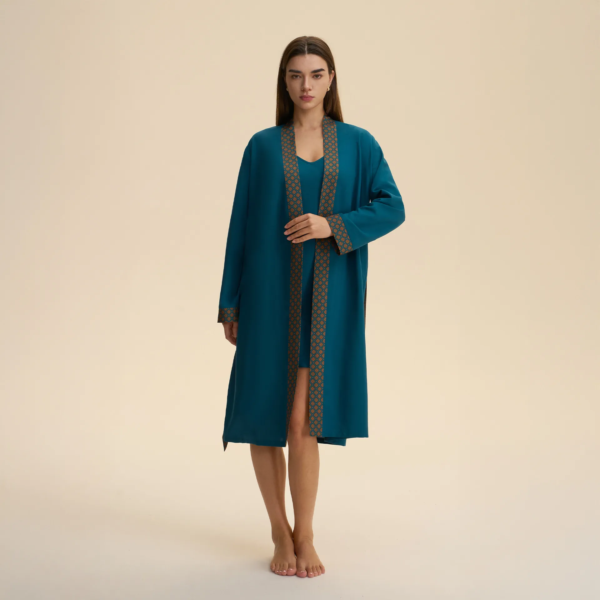 Women Vintage Ethnic Print Trim Pajamas Set Satin Polyester Long Robe And Slip Dress Top And Bottom Two Piece Sleepwear