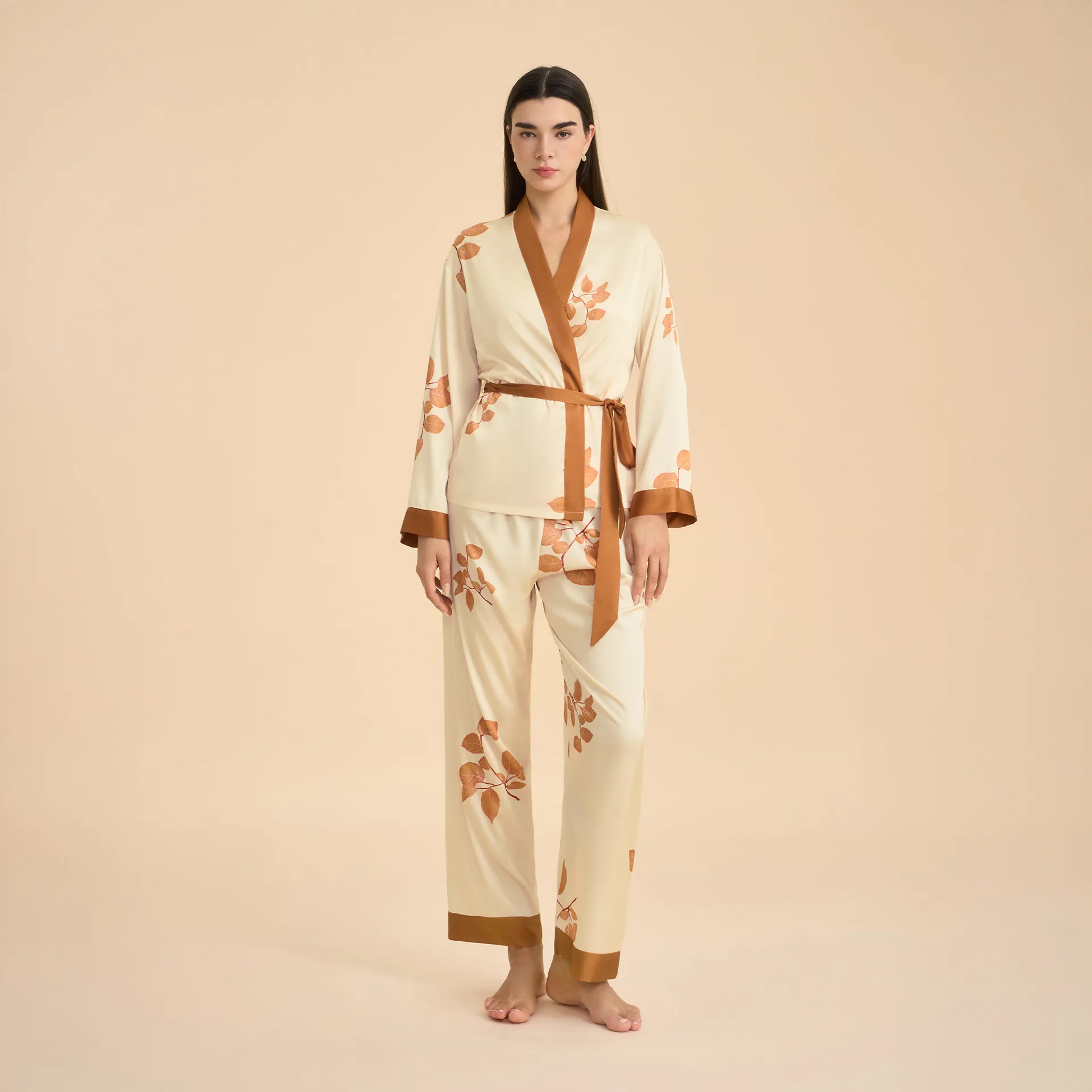 Women Satin Cardigan Cami And Pants Leaf Print Long Sleeve V-Neck Loose Lounge Wear Home Pajamas Nightwear