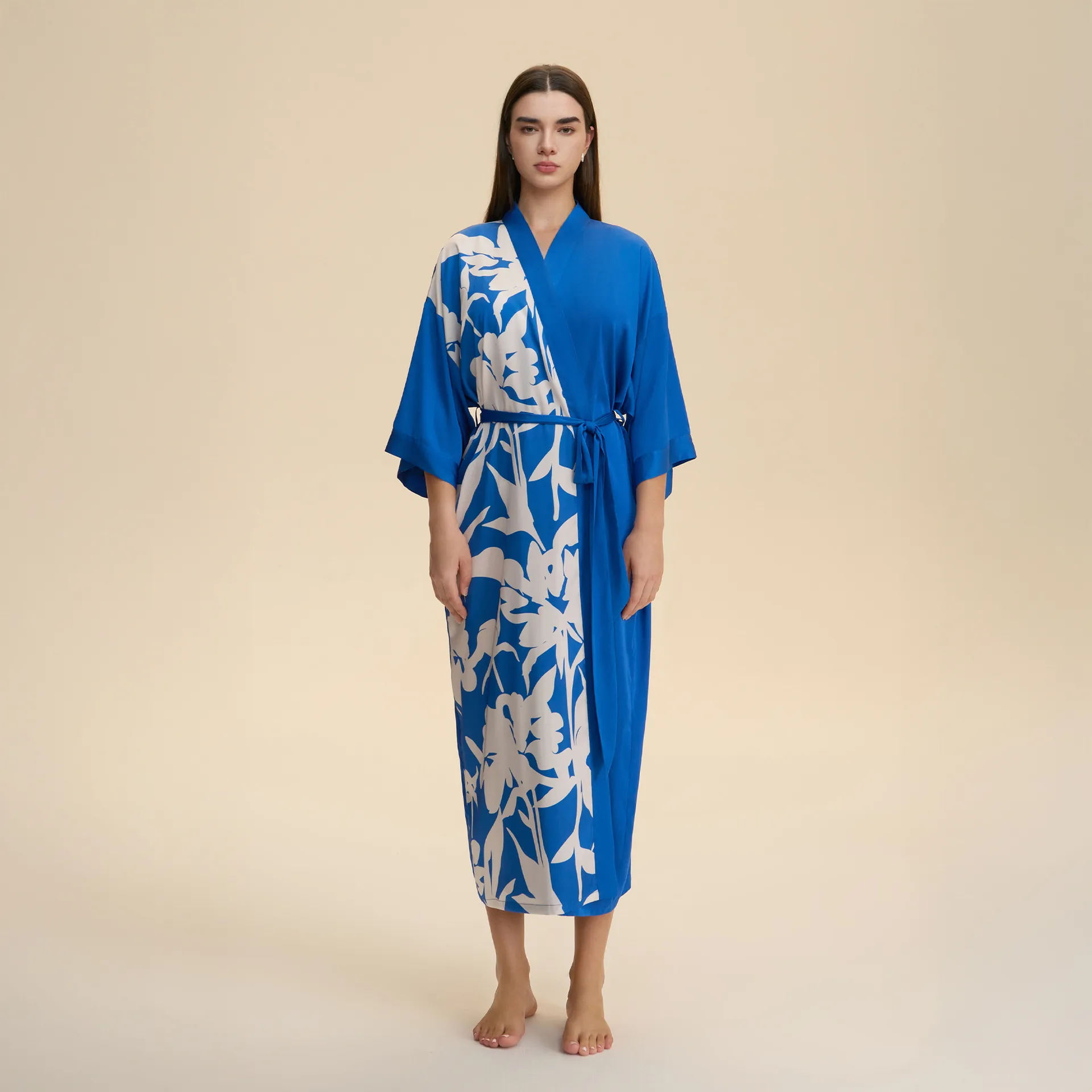 Women's Long Satin Kimono Robe V-Neck Floral Print Bathrobe With Sash Tie Lightweight Chiffon Loungewear Nightgown Dress