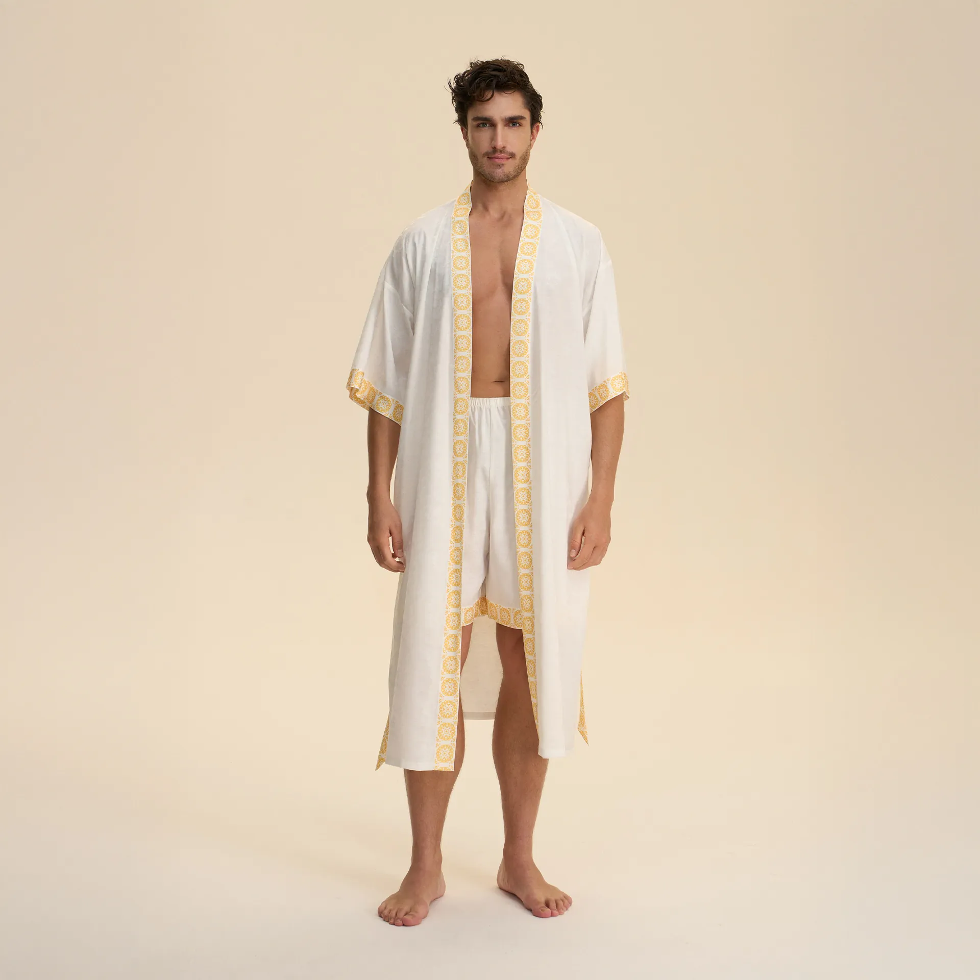 Bohemian Ethnic Print Satin Nightgown For Couples Long Sleeve V-Neck Robe Ethnic Geometric Pattern Sleepwear Home Wear