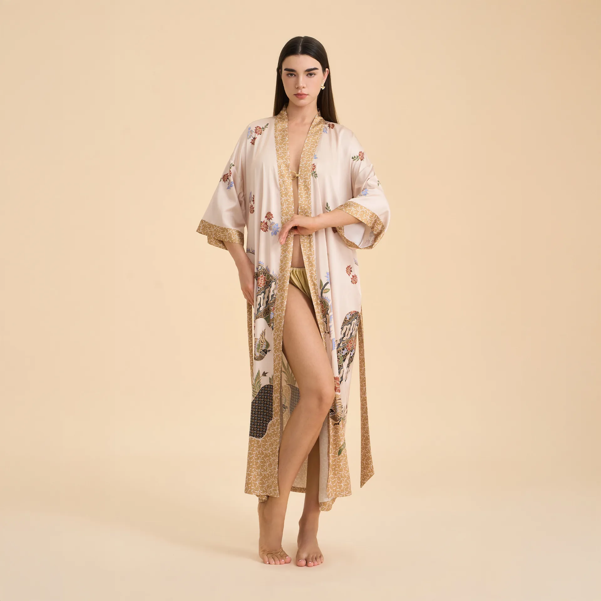 Women Satin Long Kimono Robe Elegant Floral Printed Sleepwear Soft Loose Nightgown With Belt V-Neck Home Clothes