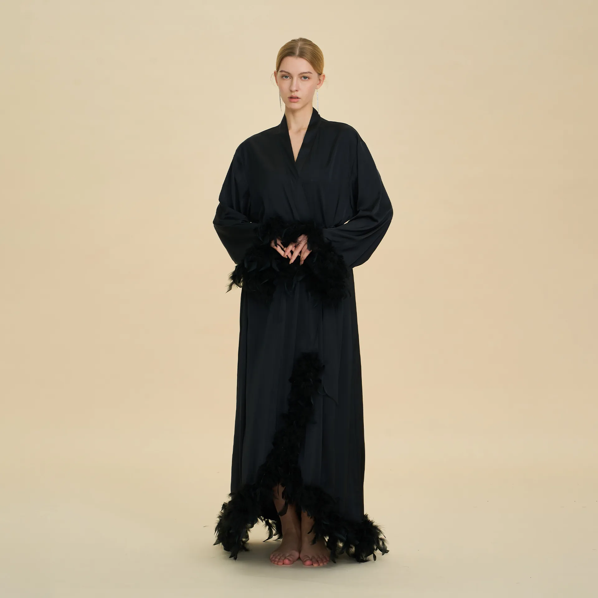 Women Luxury Satin Long Robe With Feather Trim Belted Nightgown For Bridal Party Loungewear Elegant V-Neck Home Bathrobe