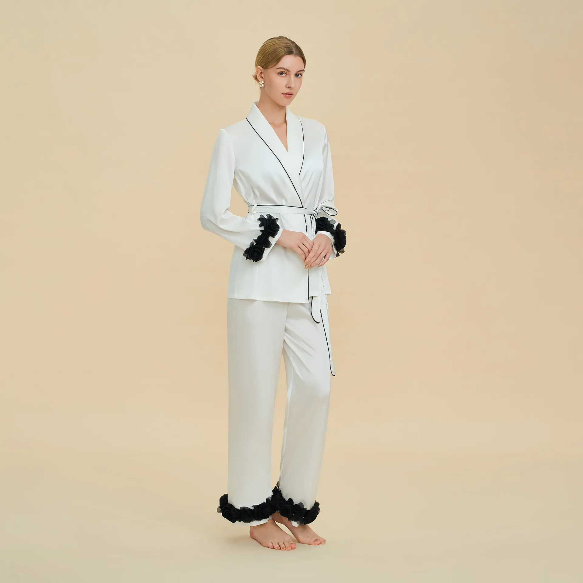 French Style Satin Loungewear Top And Pants With Contrast Piping And 3D Flower Trim Elegant V Neck Long Sleeve Pajamas For Women