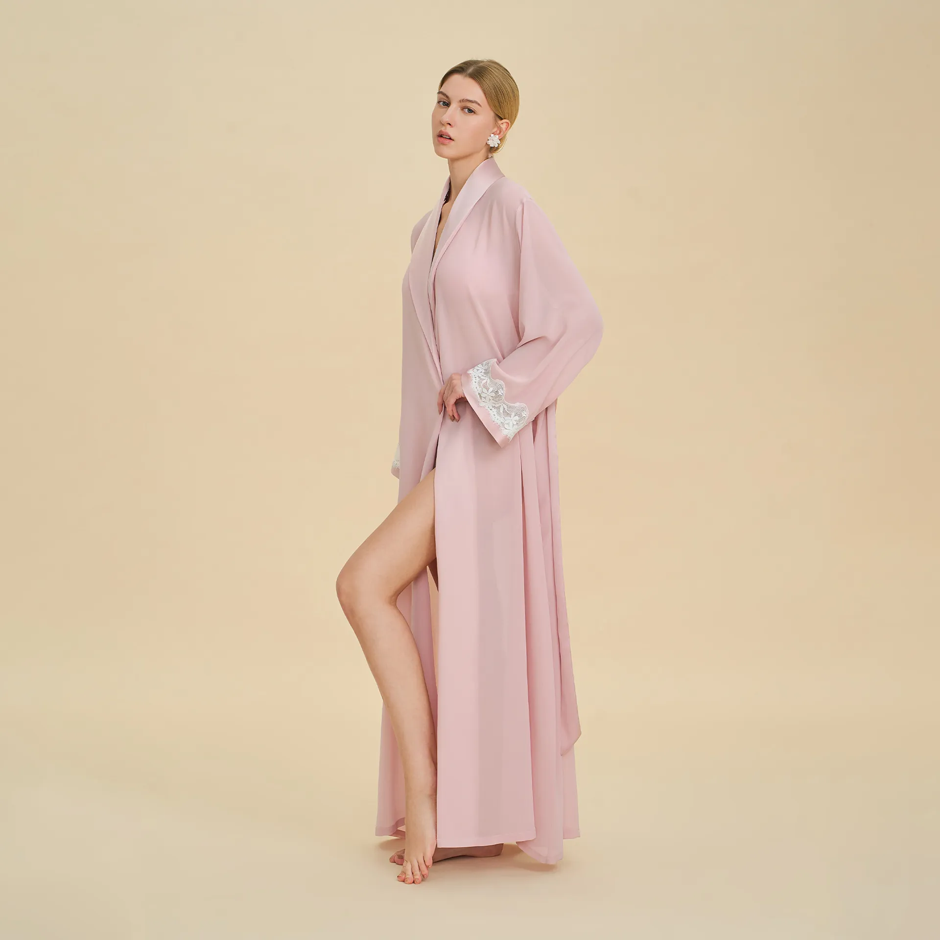 Vestaglia Lunga in Raso da Donna Elegante Bordo in Pizzo Scollo a V Camicia da Notte Morbida Effetto Seta Accappatoio Con Cintura Pigiami per Matrimonio Damigella Festa