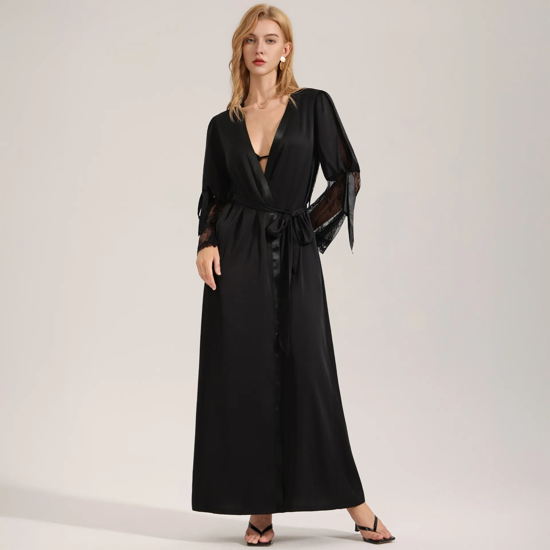 Women's Sexy Black Satin Long Robe Lace Patchwork V-Neck Bathrobe With Waist Belt Elegant Loungewear Nightgown For Lady