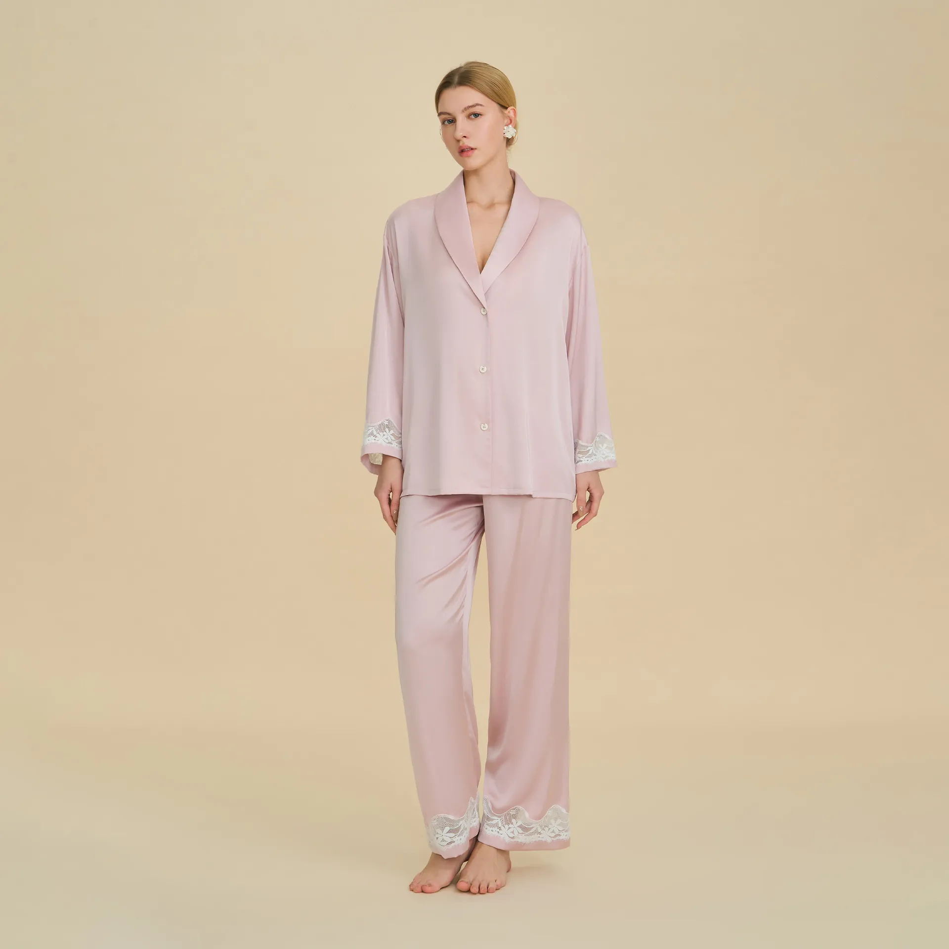 Luxury Satin Pajama Suit Women Long Sleeve Top And Long Pants With Lace Trim French Style Sleepwear Button Down Loungewear