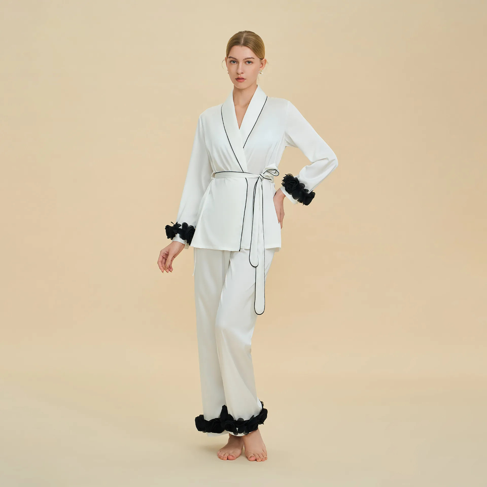 Women Elegant Satin Pajama Set Contrast Piping Long Sleeve Top And Bottom With 3D Floral Decoration Luxury Loungewear